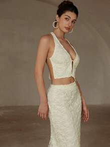 GENKIRA 2 件套女士套装：纹理无袖系带上衣和修身中长裙 - 米色 - 查看 6