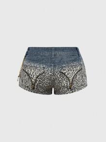 ROMWE J-Fashion Y2K Gyaru Chic Leopard Print Gold Foil Cross Retro Low Rise Super Short Skinny Denim Shorts For Women - Baby Blue - View 2
