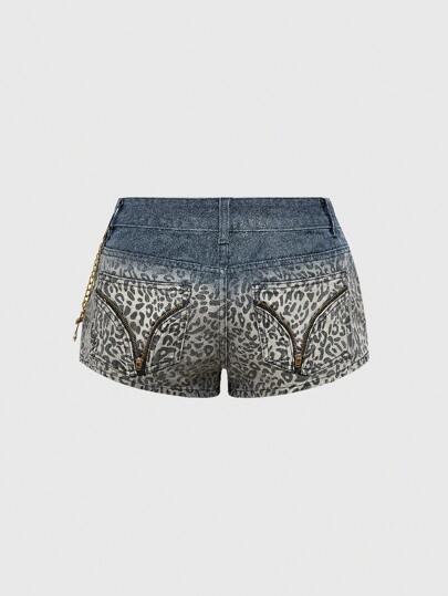 J-Fashion Y2K Gyaru Chic Leopard Print Gold Foil Cross Retro Low Rise Super Short Skinny Denim Shorts For Women