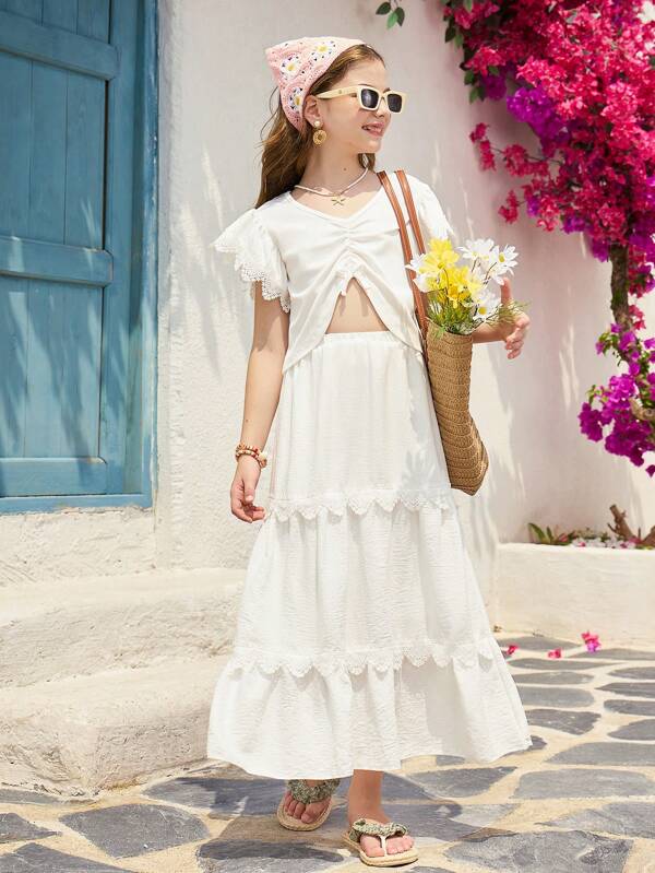 SHEIN 2pcs/Set Tween Girls Vacation Floral V-Neck Ruched Asymmetric Hem Short Sleeve Top With Matching White Skirt/Dress For Summer Beach Outfit