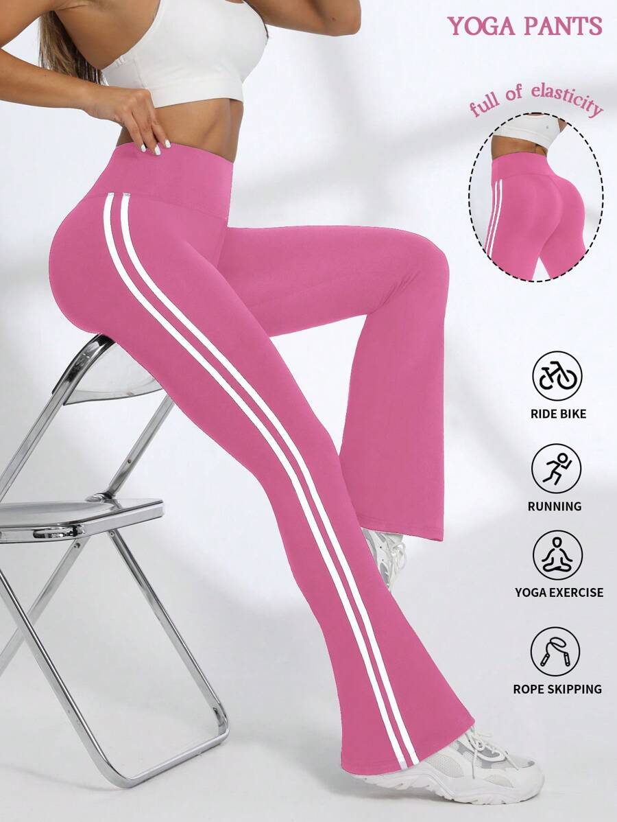 Easithlete Women High Waist Flare Leg Striped Yoga Pants - Hot Pink - View 1