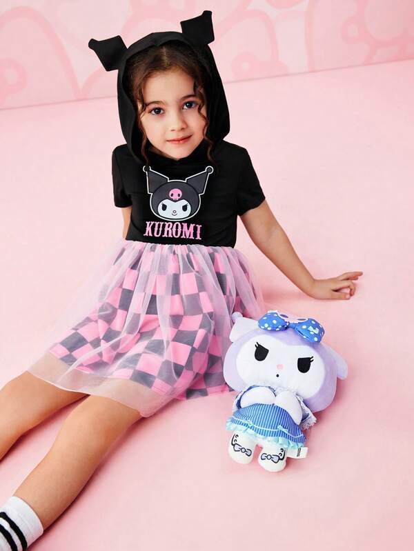 HELLO KITTY AND FRIENDS | SHEIN 少女卡通印花千鸟格网布拼接连帽毛衣裙，带3D恶魔耳朵