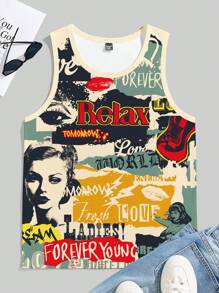 Manfinity Roughcore 时尚休闲复古做旧报纸海报元素全图案印花修身男士背心，适合夏季户外、街头服饰、约会、派对、情侣装，是送给男朋友的绝佳礼物 - 彩色 - 查看 3