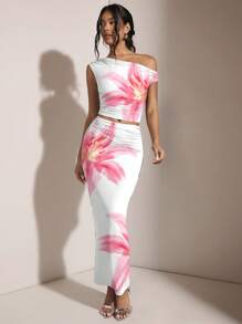 SHEIN BAE Women Oblique Shoulder Asymmetric Ruched Fitted 2-Piece Set, Suitable For Summer/Summer Holiday/Hawaii/Island Resort/Birthday Party Suitable For Going Out