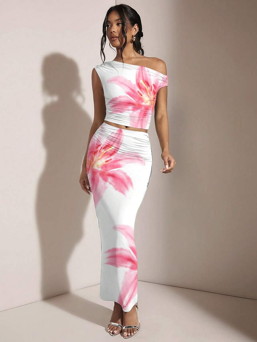 SHEIN BAE Women Oblique Shoulder Asymmetric Ruched Fitted 2-Piece Set, Suitable For Summer/Summer Holiday/Hawaii/Island Resort/Birthday Party Suitable For Going Out