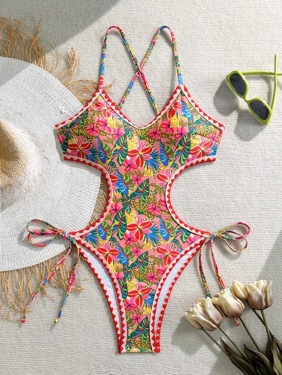 Swim Vcay Women's One-Piece Swimsuit, Floral Printed, Bohemian Style, Fringe Trim Details, Side Cut-Out Design For Summer Beach Vacation - Multicolor - View 1