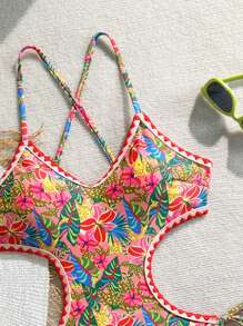 Swim Vcay Women's One-Piece Swimsuit, Floral Printed, Bohemian Style, Fringe Trim Details, Side Cut-Out Design For Summer Beach Vacation - Multicolor - View 3