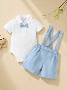Souflis Souflis 2pcs Baby Boy Gentleman Outfit, Includes Collared Jumpsuit With Bowtie And Adjustable Suspender Shorts, Suitable For Occasions, Parties, Formal Events, Weddings, Christenings, Ceremonies And Birthday Celebrations, For Infants 1 Month To 2 Years Old, Baby Bodysuit,1st Birthday Outfit,Photoshoot Outfit, Summer,Kid Clothes,Toddler Clothes, Baby Western, Baby Outfit,Birthday Outfit,Baptism Outfit,Christening Plain Boy Clothes For Baby Summer Summer Clothes For Baby Boys Summer Outfits For Baby Baby