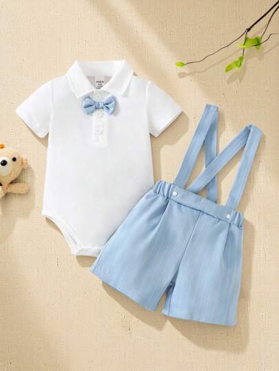 Souflis Souflis 2pcs Baby Boy Gentleman Outfit, Includes Collared Jumpsuit With Bowtie And Adjustable Suspender Shorts, Suitable For Occasions, Parties, Formal Events, Weddings, Christenings, Ceremonies And Birthday Celebrations, For Infants 1 Month To 2 Years Old, Baby Bodysuit,1st Birthday Outfit,Photoshoot Outfit, Summer,Kid Clothes,Toddler Clothes, Baby Western, Baby Outfit,Birthday Outfit,Baptism Outfit,Christening Plain Boy Clothes For Baby Summer Summer Clothes For Baby Boys Summer Outfits For Baby Baby