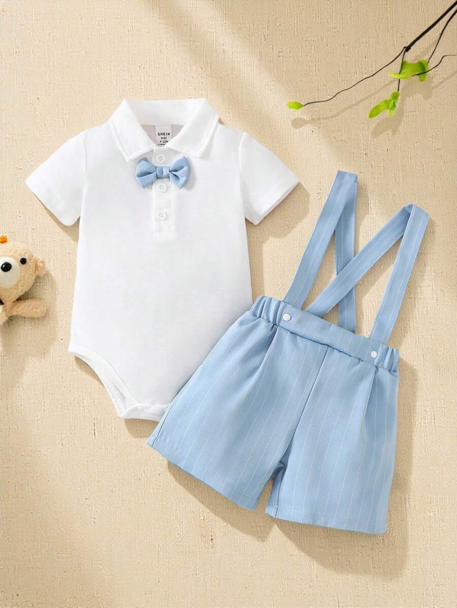 Souflis Souflis 2pcs Baby Boy Gentleman Outfit, Includes Collared Jumpsuit With Bowtie And Adjustable Suspender Shorts, Suitable For Occasions, Parties, Formal Events, Weddings, Christenings, Ceremonies And Birthday Celebrations, For Infants 1 Month To 2 Years Old, Baby Bodysuit,1st Birthday Outfit,Photoshoot Outfit, Summer,Kid Clothes,Toddler Clothes, Baby Western, Baby Outfit,Birthday Outfit,Baptism Outfit,Christening Plain Boy Clothes For Baby Summer Summer Clothes For Baby Boys Summer Outfits For Baby Baby