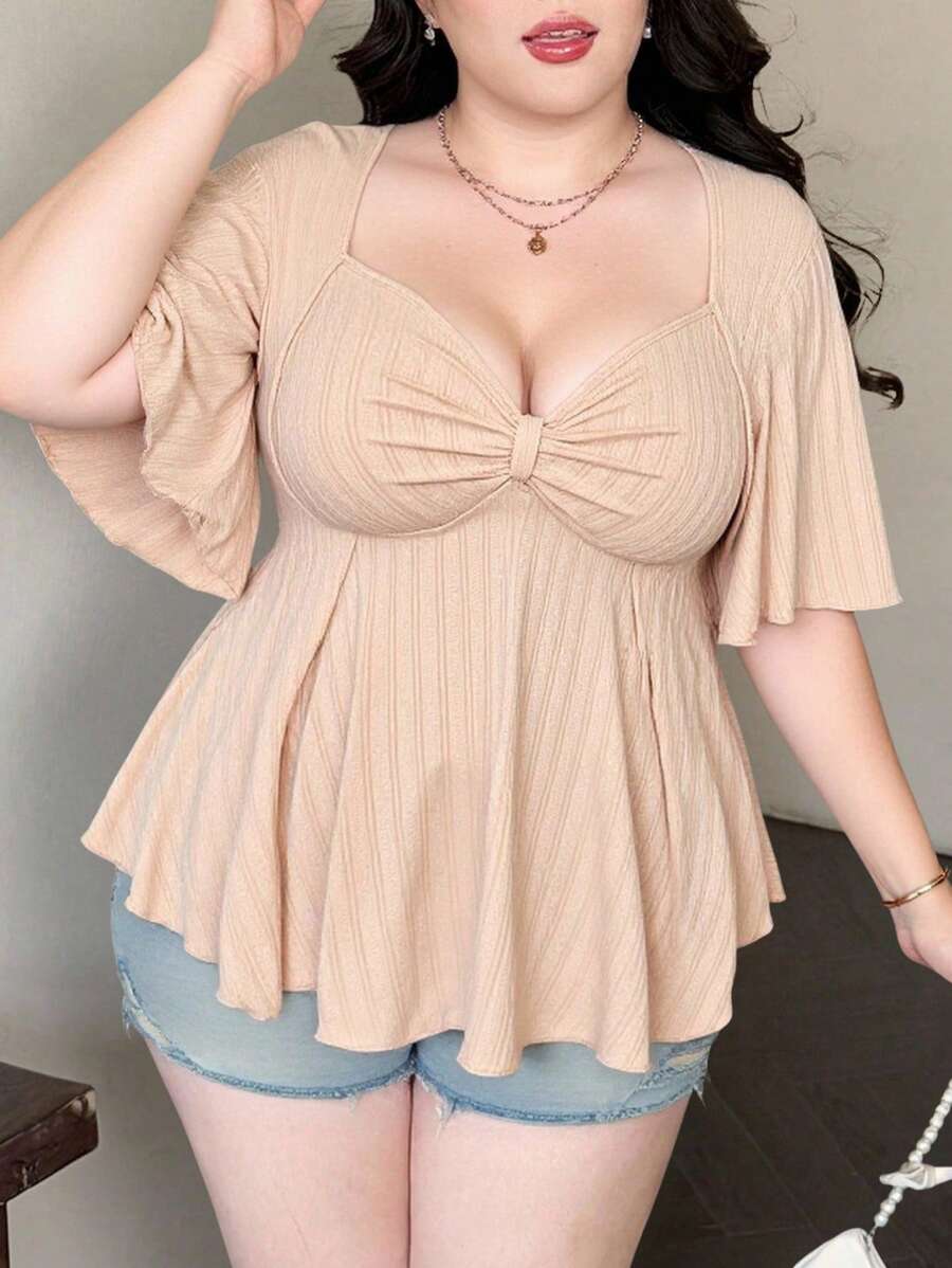 Vibekara Plus Size Sweetheart Neckline Round Ring Ruffle Sleeve Loose Elegant Cute Party & Date Women T-Shirt