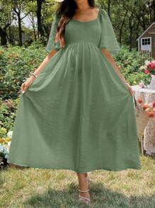 SHEIN Gaun Hamil Lengan Pendek Warna Polos, Modis untuk Musim Panas - Mint Green - View 5