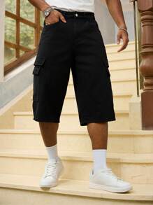 RivetRise 男士工装口袋宽松休闲百搭及膝牛仔短裤 - 黑色 - 查看 5
