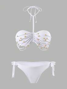 Swim Chiccia Women 2Pcs Beach Metal Bead Detail Hollow-Out Halter White Bikini Set For Summer Beach Vacation - White - View 3