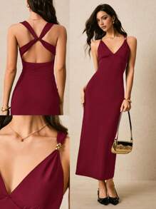 Poéselle Women's Sexy Backless Dress With Halter Neck, Summer,Club Sexy Outfits, Going Out - Burgundy - View 1