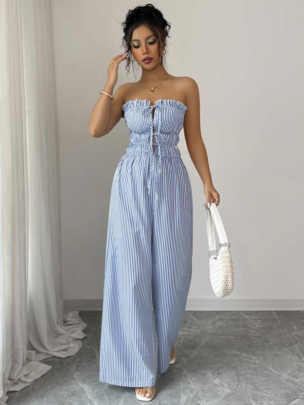 Elenzga Women's Summer Casual Striped Bandeau Wide Leg Jumpsuit