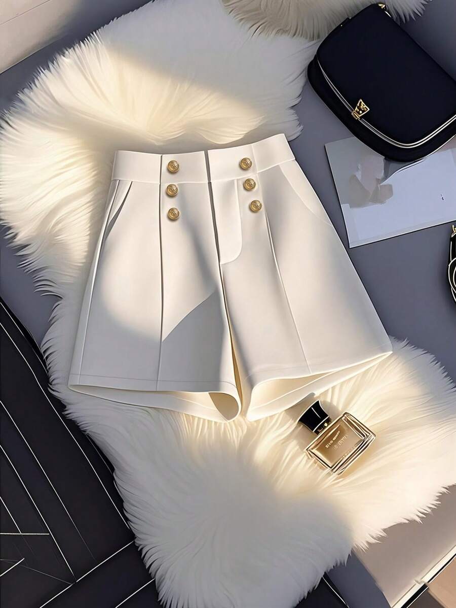 SHEIN Clasi Women's Elegant Minimalist Decorative Button A-Line Practical Pocket Solid Color Shorts, Spring/Summer - Apricot - View 1