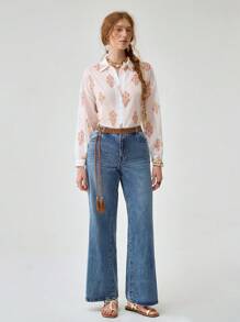 Florisole Women's Bohemian Style White Embroidered & Printed Casual Blouse For Summer Vacation