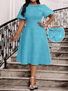 SHEIN Lady Elegant Blue Summer Wedding Guest Dress Women,Plus Size Knitted Textured Asymmetrical Neck 3D Rose Puff Sleeve Flared Midi Cocktail Party Dresses - Blue - View 7