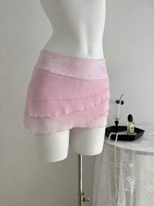 SHEIN Unity Sexy Asymmetrical Layered Ruffle Patchwork Jacquard Vacation Style Shorts For Women - Pink - View 5