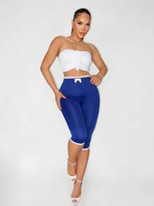 Sirith 女式蓝色蕾丝边蝴蝶结装饰修身打底裤，夏季