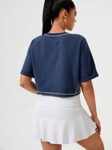Hanevo Kontrastreicher Kragen V-Ausschnitt lässiges, vielseitiges Kurzarm T-Shirt für den Sommer - Blau - Übersicht 2