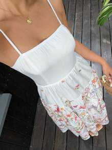 Vestido  de color albaricoque claro, con tela texturizada, top de tubo plisado, cintura ancha y holgada, con tirantes finos, estilo relajado para vacaciones. - Blanco - Ver 3