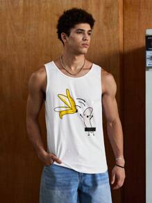 SWAVVY Men Cotton Sleeveless White Going Out Funny Cartoon Graphic Tank Top, Boyfriend Gift