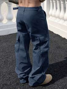 Manfinity Homme Pantalones cargo casuales de corte recto y holgado para hombre, de unicolor con múltiples bolsillos, para otoño - Azul Marino - Ver 2