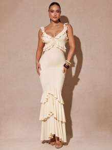 Silquee 早春夏季，浪漫情人节和约会，纯色长裙，休闲度假装，适合春假，海滩度假 - 飘逸弹力网眼细肩带荷叶边下摆修身长裙，适合女士 - 杏色 - 查看 4