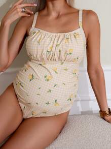 SHEIN Maternity Lemon & Plaid Print Ruched Bust One-Piece Swimsuit, Summer