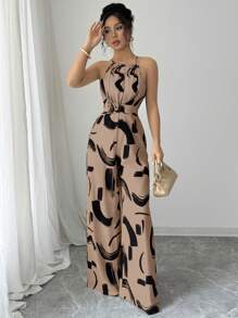 Elenzga 女式印花面料束腰连体衣，适合度假和日常优雅穿着 - 棕色 - 查看 3