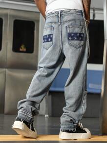 Manfinity EMRG بنطلون جينز رجالي بتصميم فضفاض وساق واسعة مشوهة وجيوب مناسب لارتداء كل الأوقات