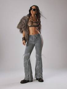 MUSERA Jeans con flecos, cordones y vuelo para primavera, verano, vacaciones, Ibiza, festivales, chica cool, náufrago
