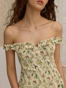 SHEIN MOD Plant Print Pattern Off Shoulder Ruffle Hem Long Dress
