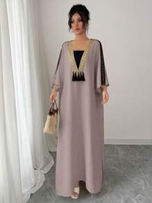 Rafferiza 女式超大金色蕾丝边拼布连衣裙 - 咖啡 - 查看 5