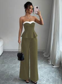 Elenzga 2件套休闲拼色吊带背心和裤子套装，夏季