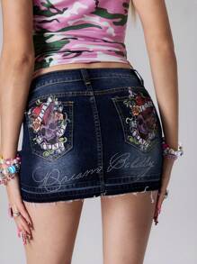 ROMWE J-Fashion Y2K 复古水洗低腰花卉图案紧身牛仔半身裙 - 藍色 - 查看 3