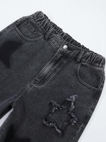 SHEIN Teen Girls Y2K Street Casual Chic Light Wash Distressed Star Embroidered Elastic Waist Loose Jeans, Baggy Y2k Jeans,Tops, School, Campus, College
