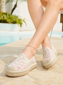 Styleloop Women White Embroidery Rope Round Toe Flat Slip-On Shoes, Casual For Holiday, Party, Date - Apricot - View 2