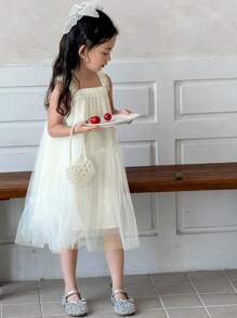 DAZY Girls Holiday Style Mesh Patchwork Spaghetti Strap Puff Dress,Girls Summer Outfits