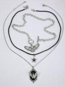 ROMWE Fairycore 3 件套复古哥特式蝙蝠、星星、飞蛾吊坠项链套装，适合女士、万圣节 - 銀色 - 查看 3