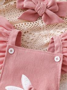 SHEIN Playful Pals 2件套婴儿可爱兔子刺绣毛球装饰连体衣套装，夏季