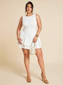 SHEIN BAE Plus Size Women's Spring And Summer Base Solid White Sleeveless Tight Pleated Slim Elegant Mini Double Layer Ruffle Women's Jumpsuit Women's Dress, Valentine's Day Jumpsuit, Daily Jumpsuit, Elegant Jumpsuit, White Jumpsuit,Y2k,4th Of July Outfits,Club Outfits Women Sexy,Country Concert Outfit,Fourth Of July,Concert Outfit Women,Rave Outfits Festival,Western Clothes For Women,Graduation ,Vacation Outfits Woman,White Graduation Dress,White Dress Plus Size,White Dresses Classy Elegant,White Skirt,Birthday Dresses For Women,Sundress,Flowy Dress - White - View 5