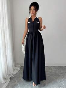 Elenzga Sleeveless Contrast Color Waist Elegant Romantic Women Halter Dress - Black and White - View 3