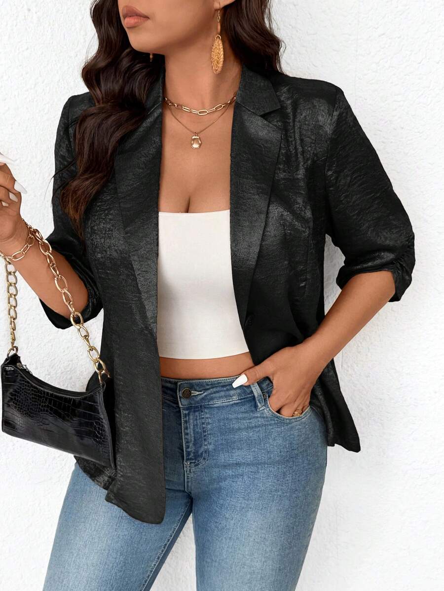SHEIN Frenchy 秋冬大码女式单扣翻领短袖西装外套 - 黑色 - 查看 1