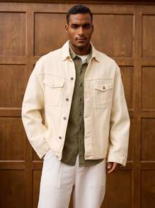 RivetRise 男士美式休闲春季长袖单扣前襟休闲口袋牛仔夹克 - 杏色 - 查看 1