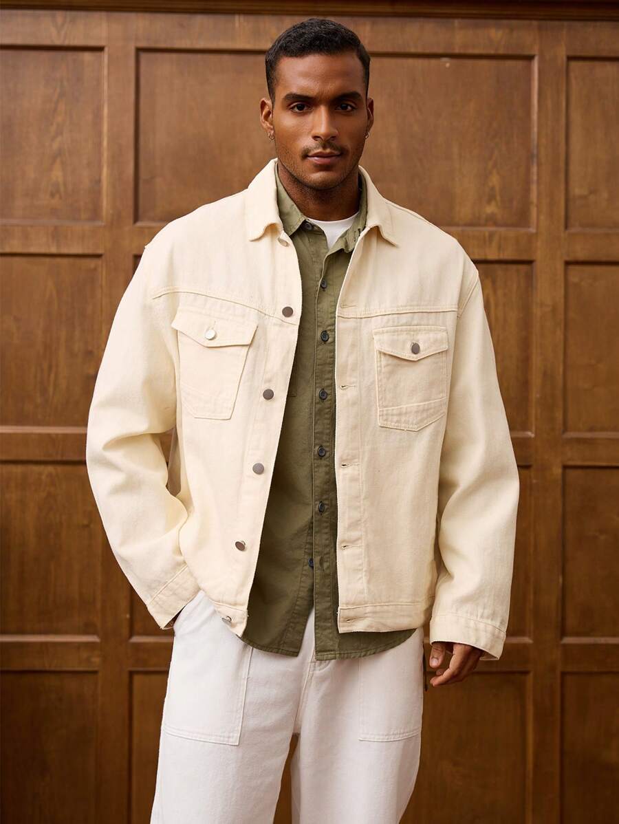 RivetRise 男士美式休闲春季长袖单扣前襟休闲口袋牛仔夹克 - 杏色 - 查看 1