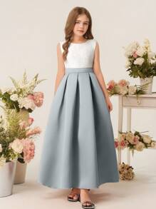 女童缎面 A 字形公主裙，无袖圆领，优雅连衣裙，适合婚礼活动、生日派对、节日、花童和伴娘 - 霧霾藍 - 查看 7