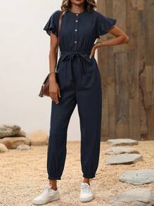 Chiquease Women's Summer Solid Color Single-Breasted Round Neck Ruffle Short Sleeve Casual Jumpsuit